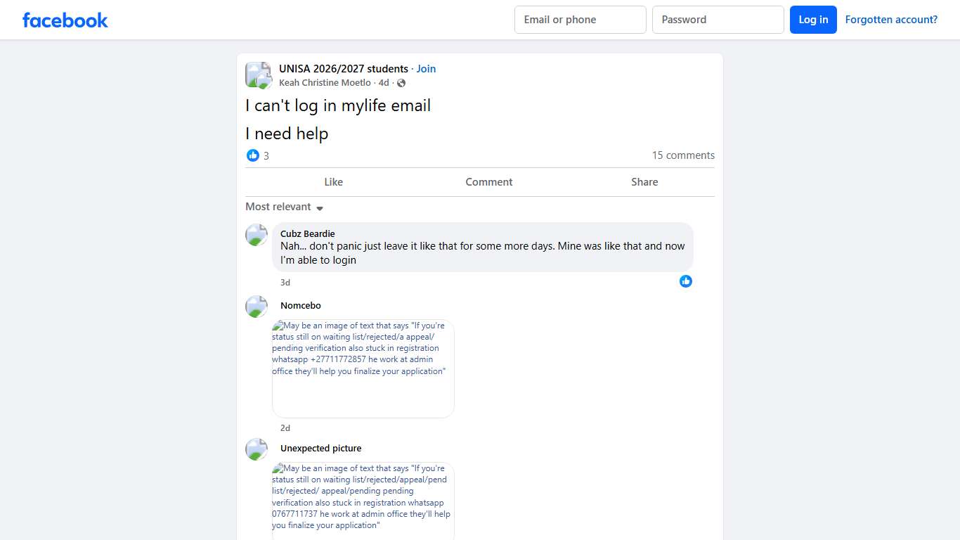 UNISA 2026/2027 students I can't log in mylife email Facebook